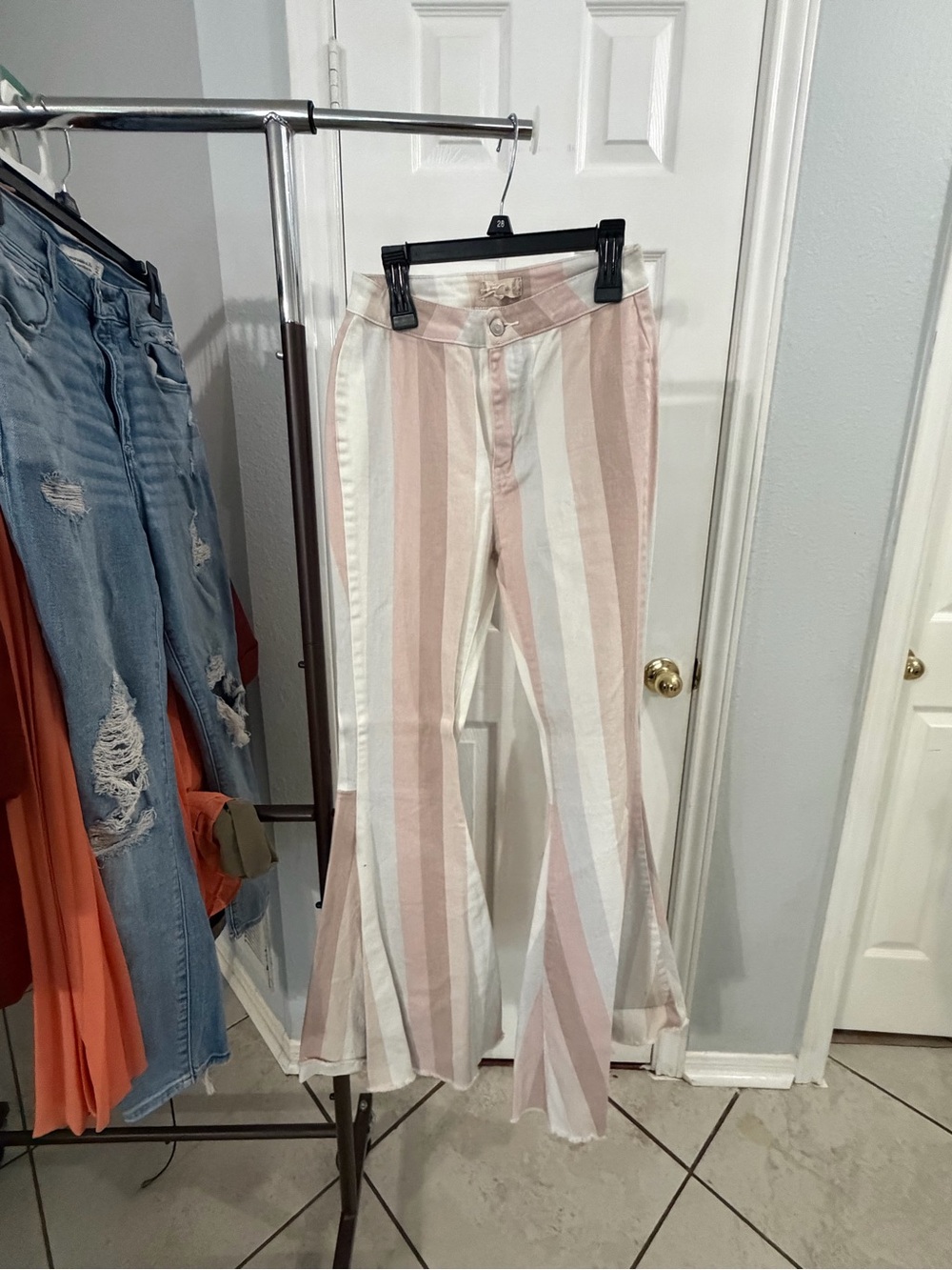 Altar’d state- Striped High-Rise Flare Jeans in Pale Pink and White